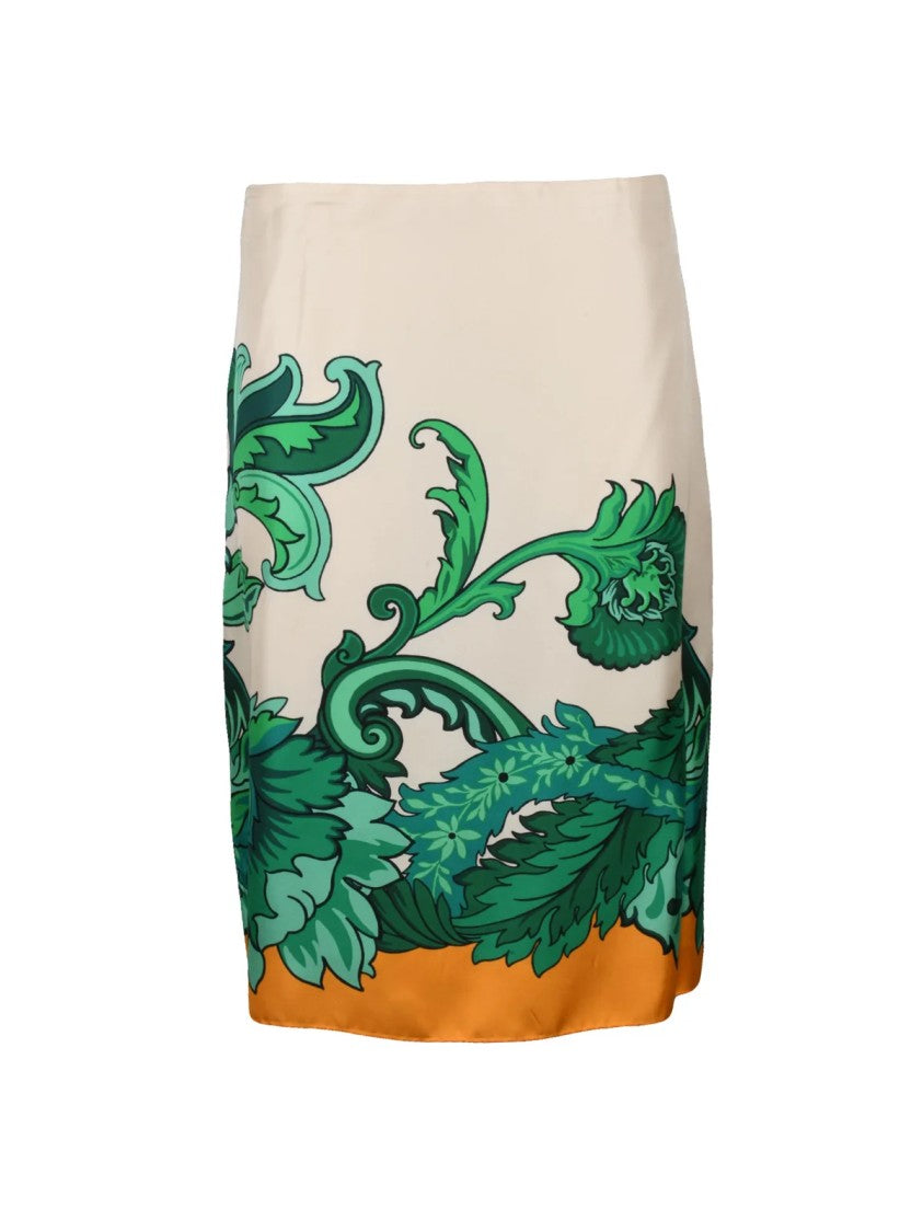 Etro White Floral Pattern Fluid Silk Midi Skirt