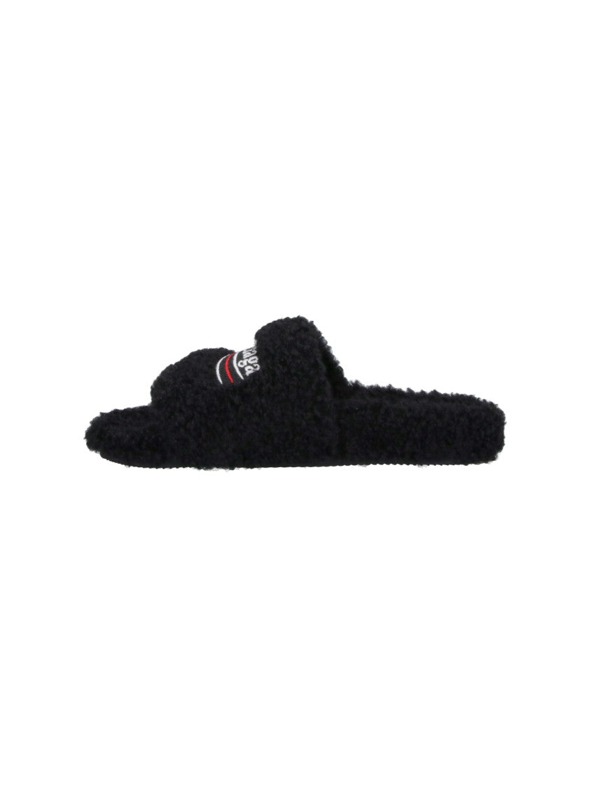 Balenciaga Textured Black Sandals With Embroidered Logo