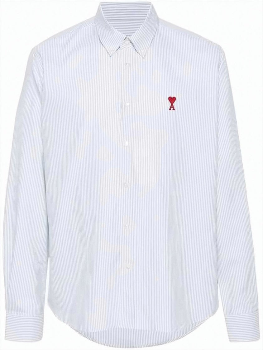 Ami Paris Classic White Button-Up Shirt With Vertical Stripes And Embroidered Detail
