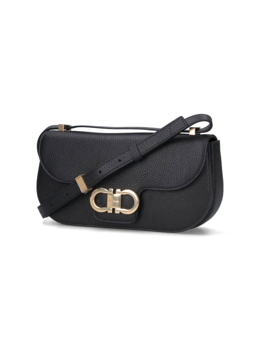 Ferragamo Rectangular Black Textured Leather Shoulder Bag With Magnetic Closure