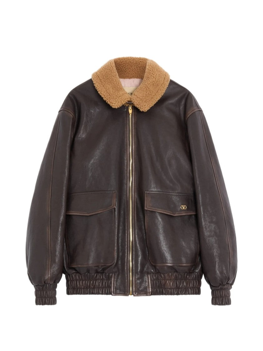 Valentino Brown Shearling Collar Leather Jacket
