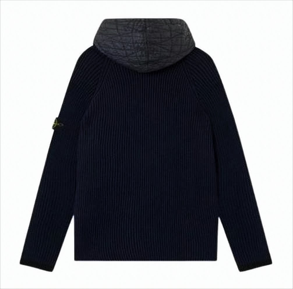 Stone Island Ribbed Knit Cardigan With Quilted Hood