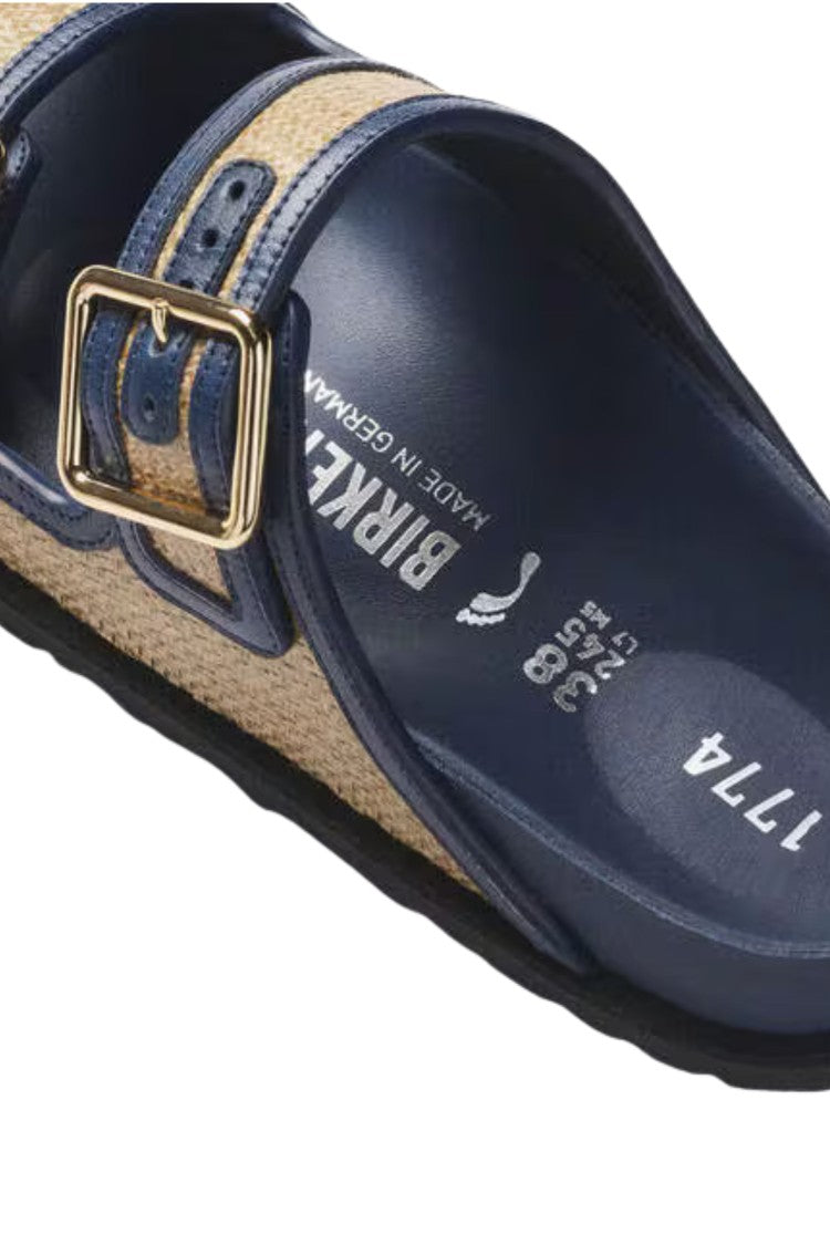 Birkenstock Navy Blue Arizona Buckles Raffia-Leather Sandals