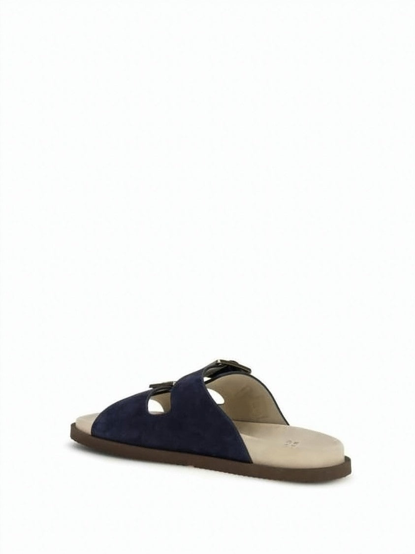 Brunello Cucinelli Two-Strap Suede Sandals With Metallic Buckles