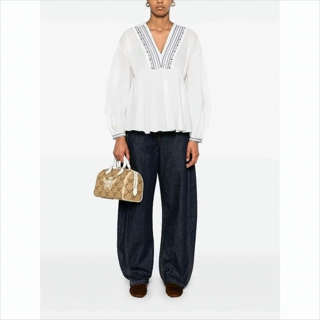 A.P.C. Flowing White Blouse With Blue Embroidery