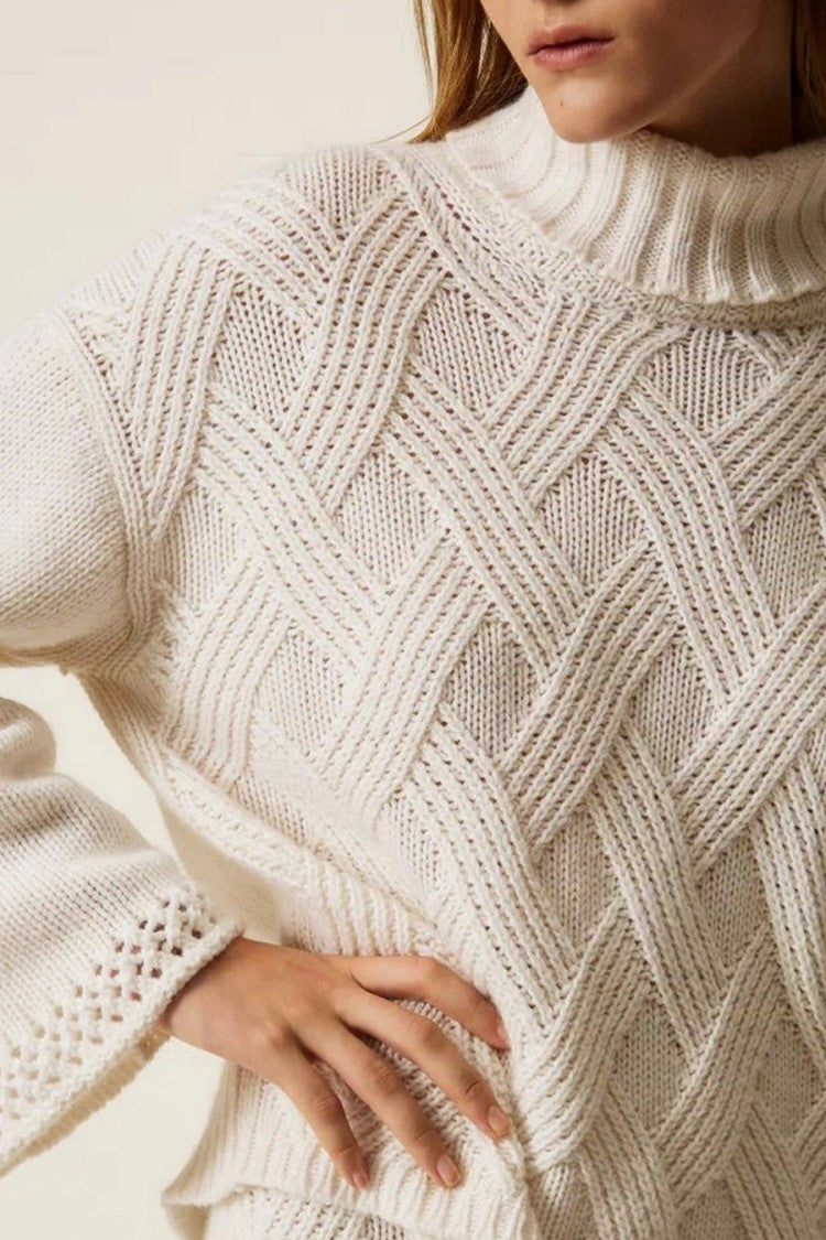 Twin-Set Cream Wide-Sleeve Roll-Neck Wool-Blend Sweater