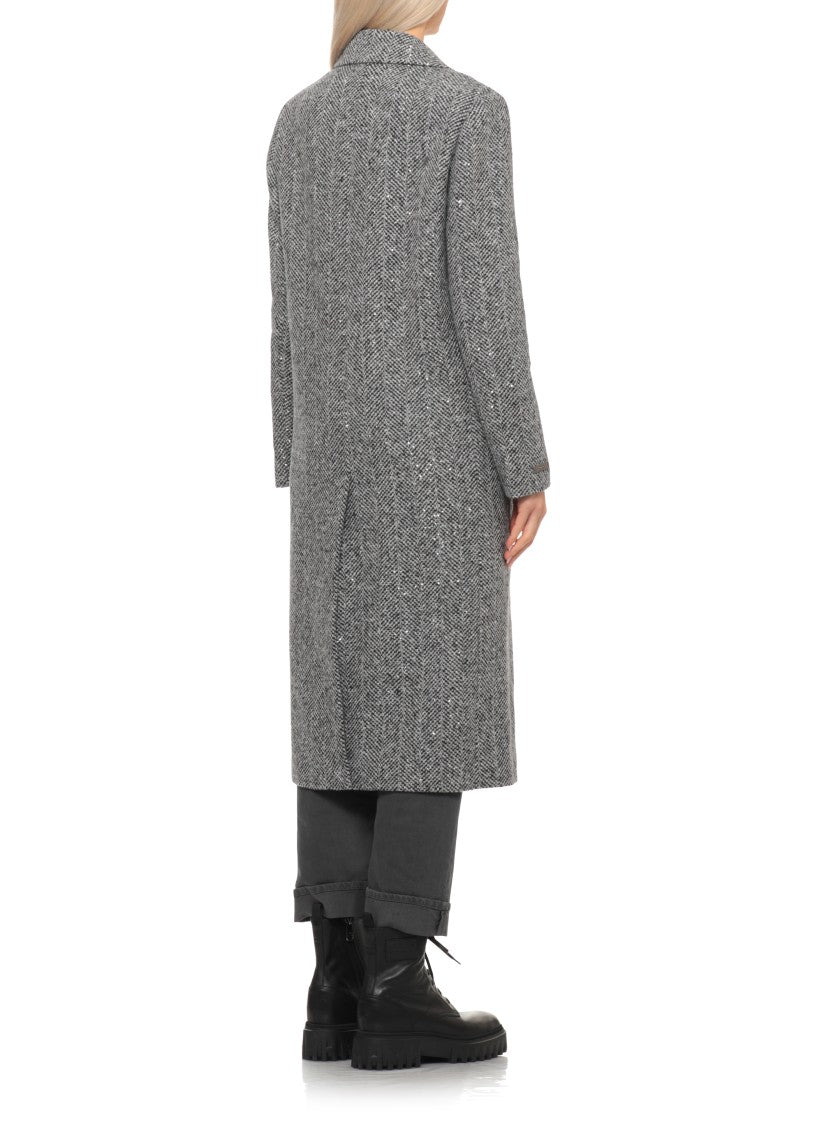 Peserico Grey Sequined Herringbone Wool Coat