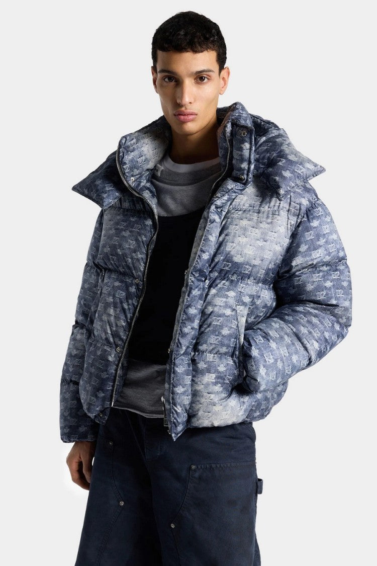 Dsquared2 Blue Denim Monogram Jacquard Hooded Down Parka