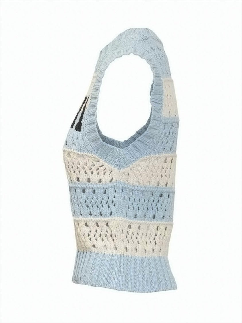 Ganni Crochet-Patterned Sleeveless Knit Vest With Bold Lettering