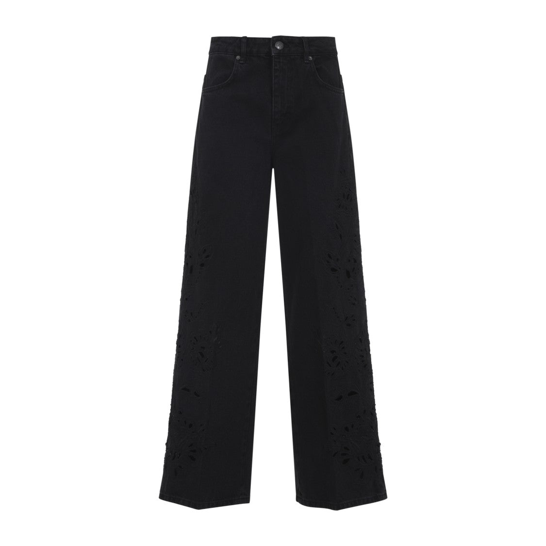 Farm Rio High-Waisted Wide-Leg Jeans With Floral Cut-Out Embroidery