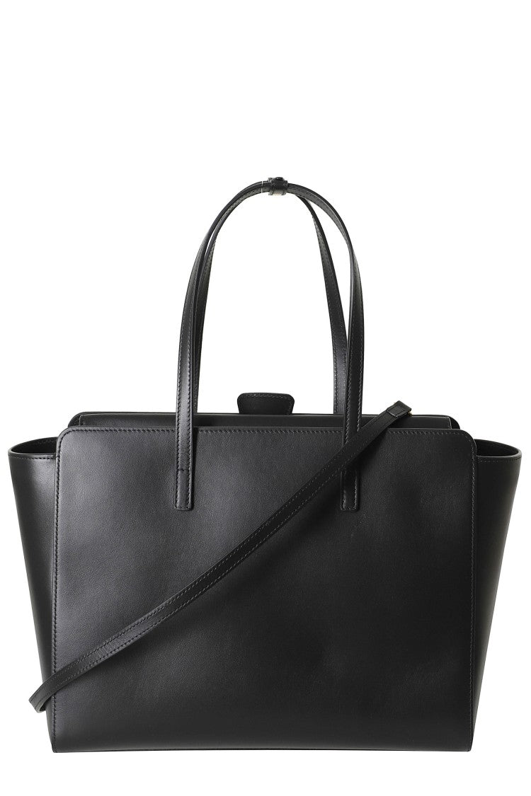 Hidesins Black Structured Flap L Gold Logo Leather Shoulder Bag