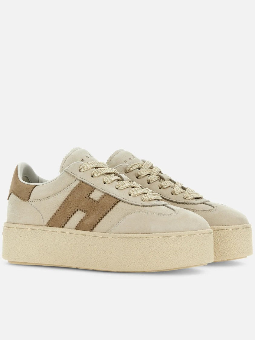 Hogan Beige Leather Platform Sneakers With Suede Accents And Iconic Logo