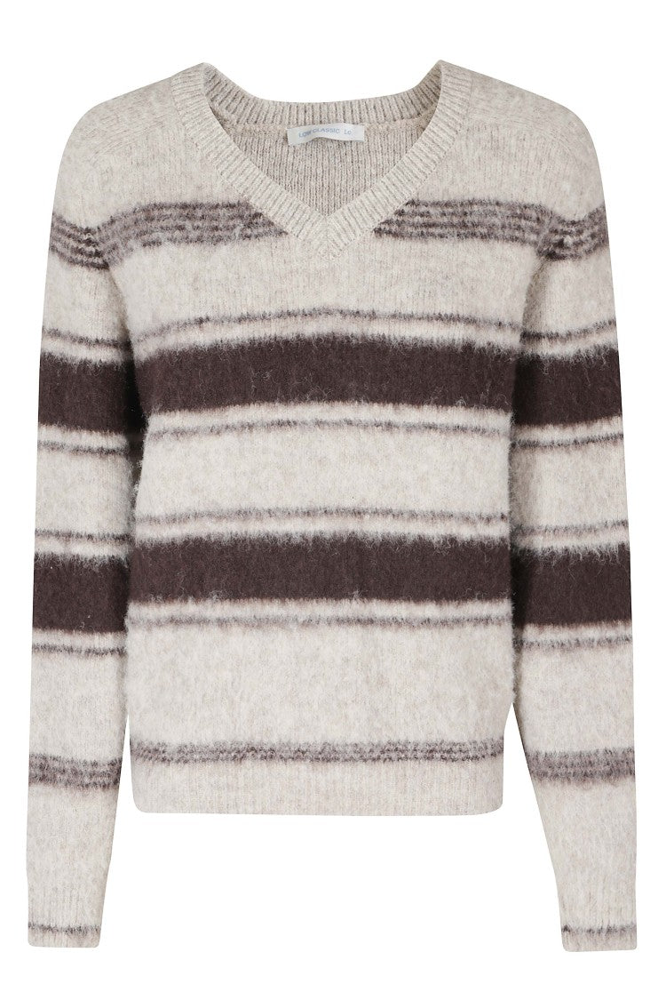 Low Classic Horizontal Stripe Fuzzy Sweater With Ribbed Trims