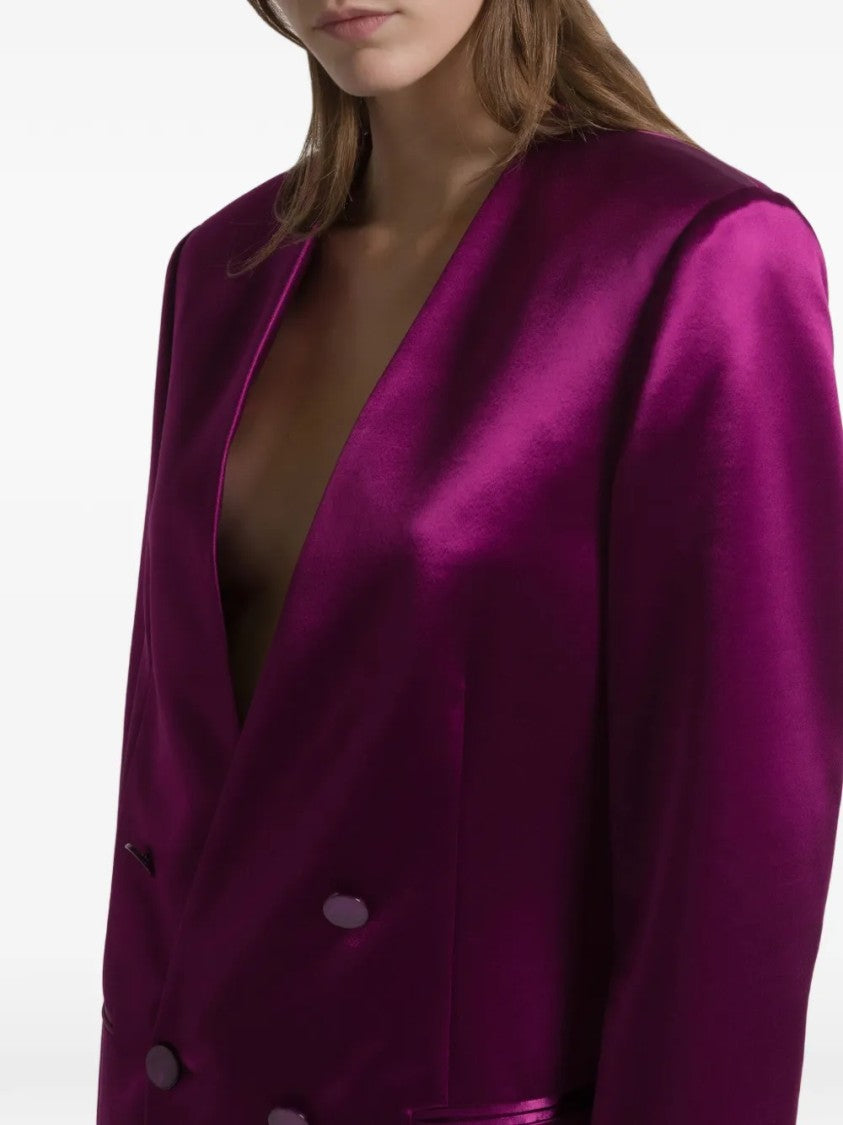 Alberta Ferretti Double-Breasted Shiny Satin Jacket With Magenta Finish