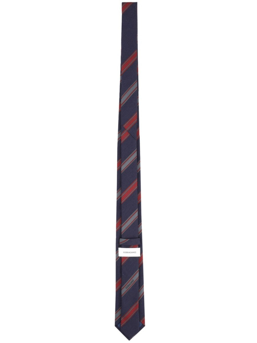Ferragamo Navy Blue Diagonal Striped Silk Tie