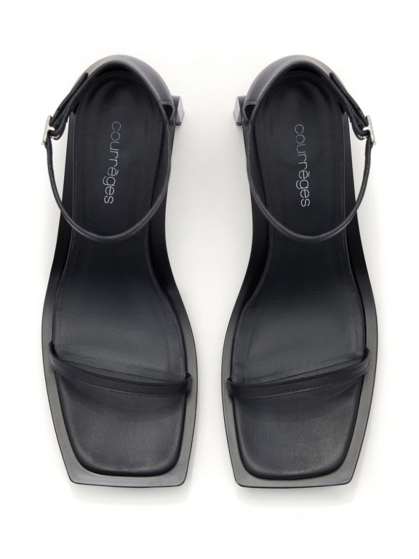 Courrèges Black Calf Leather Square Open Toe Sandals