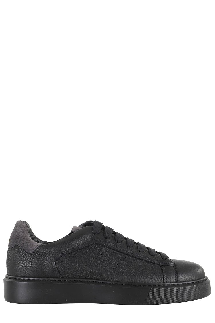 Doucal's Black Tumbled Leather Sneakers With Suede Heel