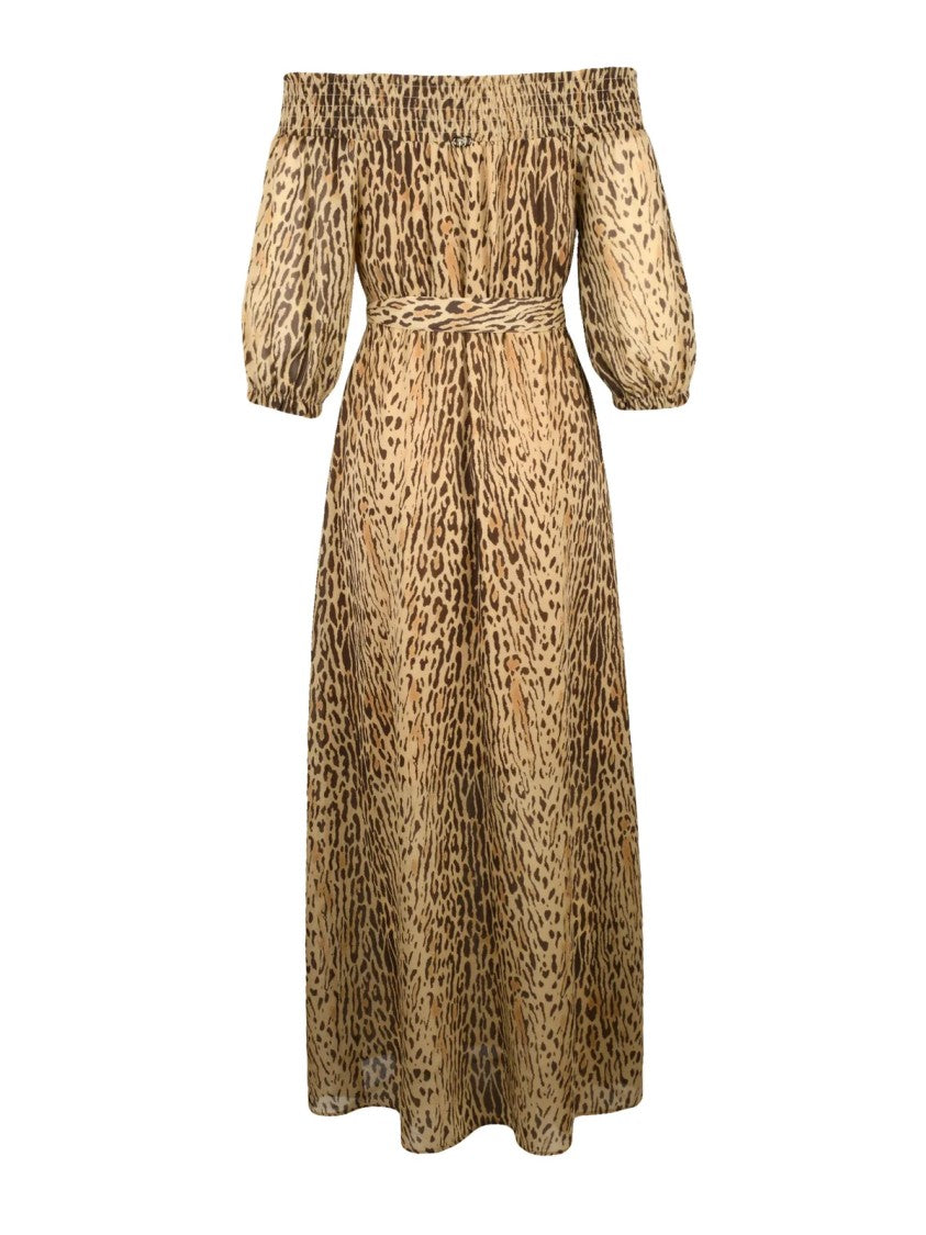 Liu Jo Brown Puff Sleeve Animal Print Polyester Maxi Dress