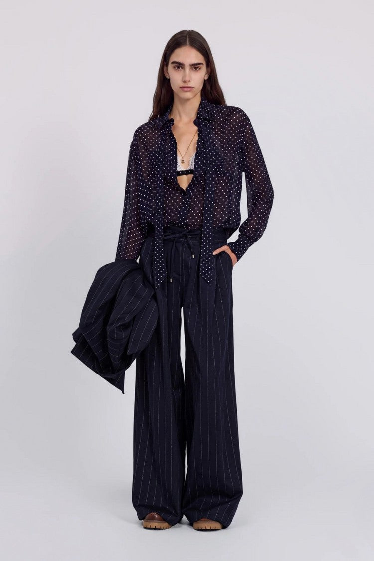 Ermanno Navy Pinstripe Wide-Leg Polyester-Blend Pants