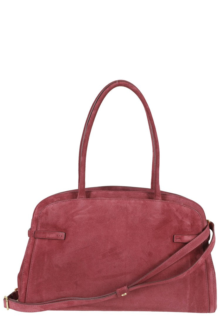 Orciani Elongated Burgundy Suede Handbag With Dual Handles And Adjustable Strap