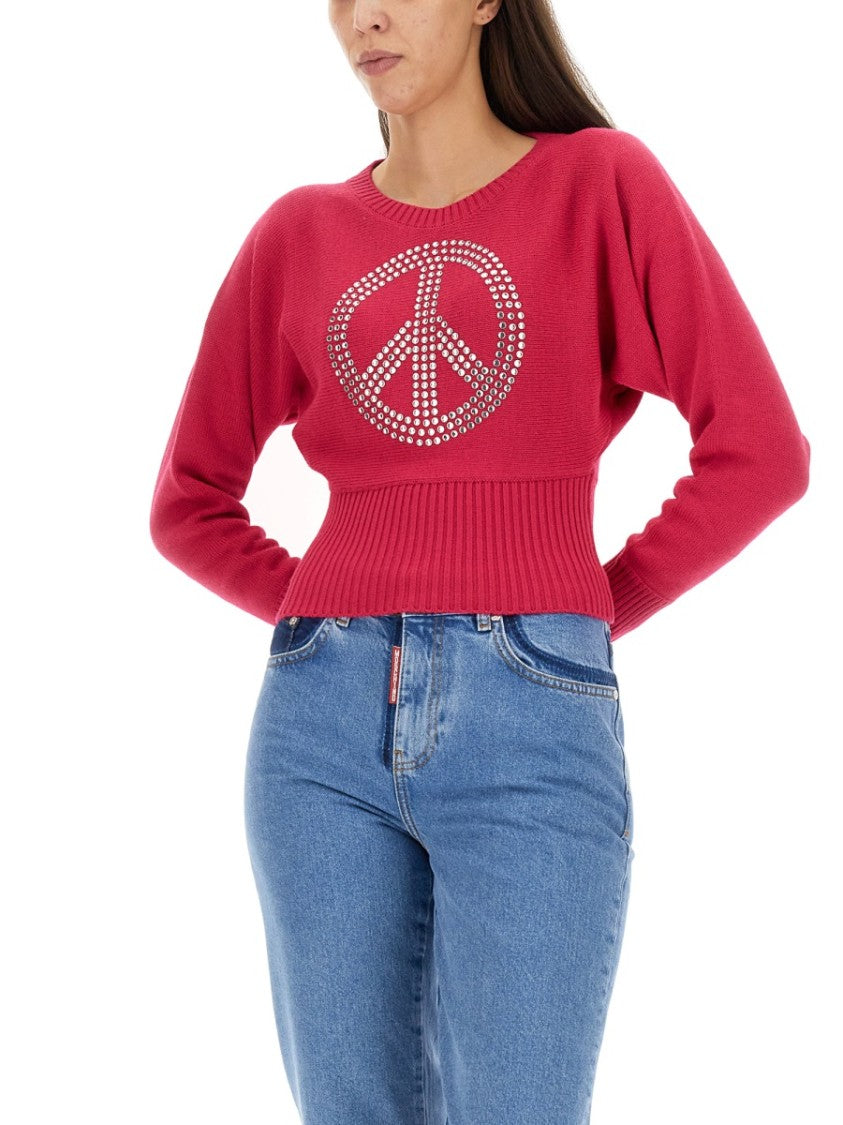 Moschino Cropped Jersey With Rhinestone Peace Symbol