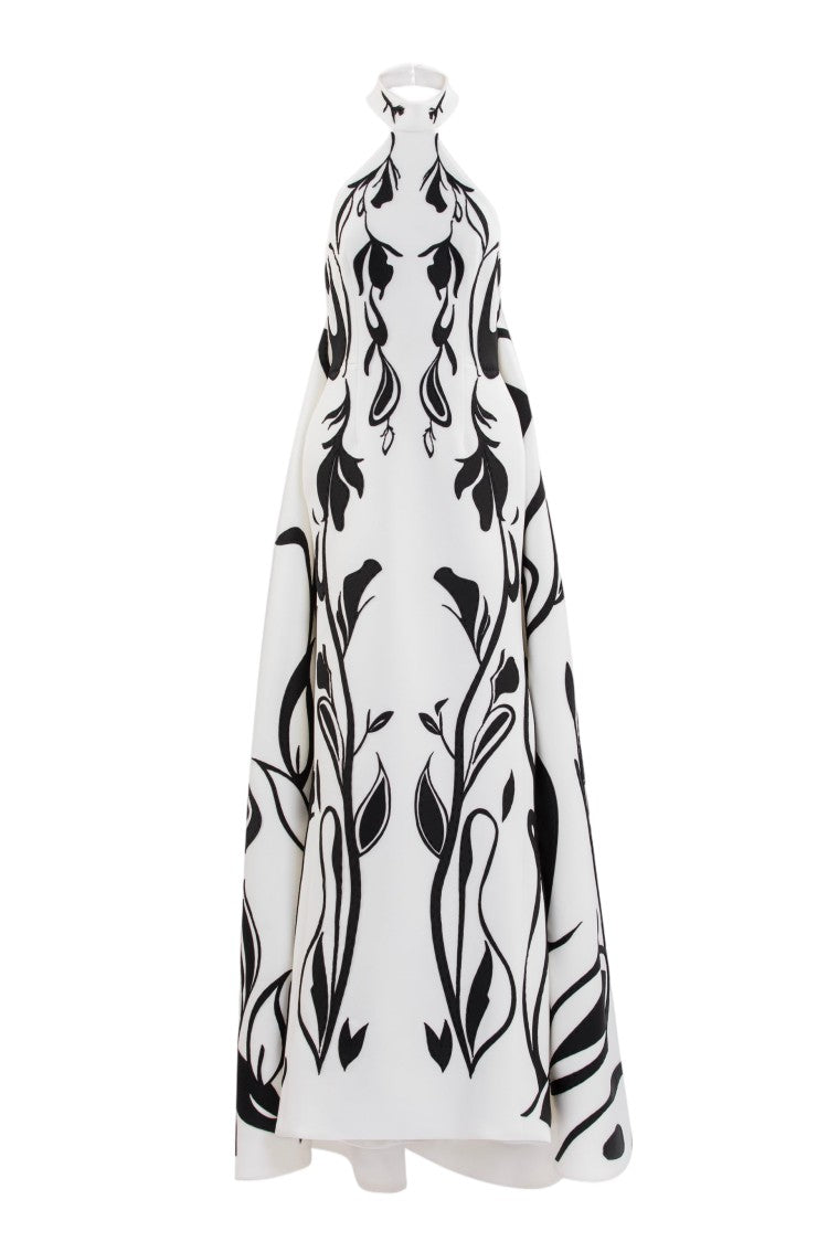Saiid Kobeisy Laser Cut Scuba Halter Neck Dress With Bold Organic Motifs