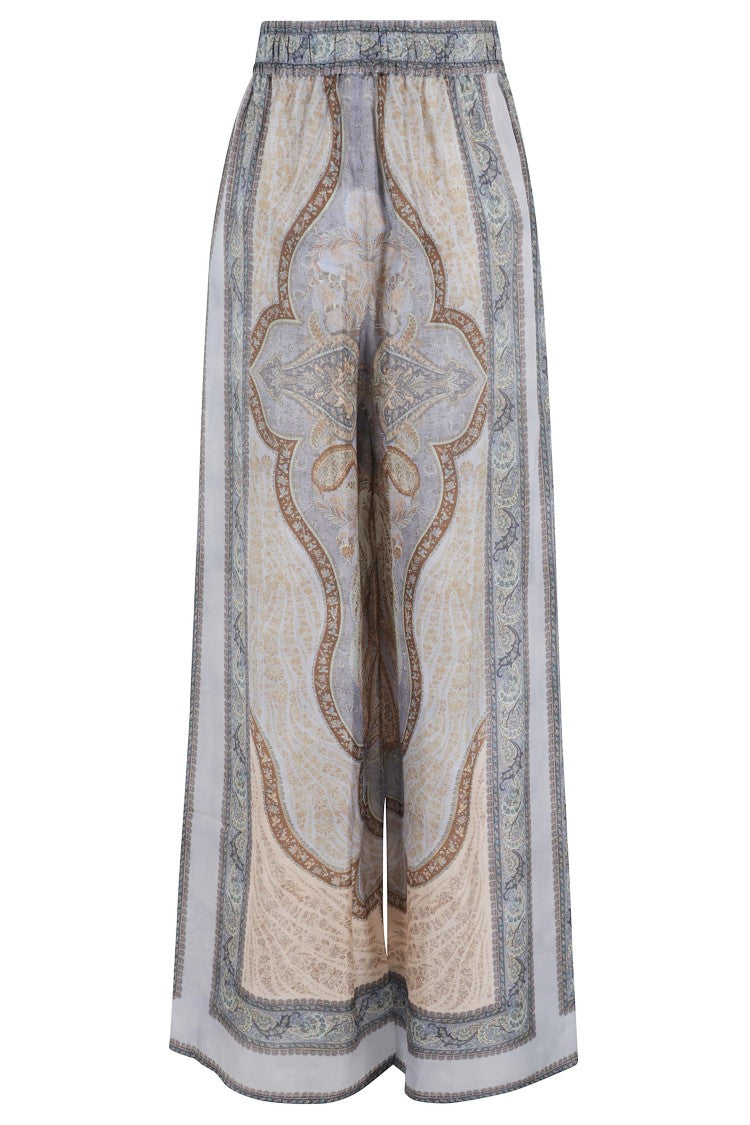 Zimmermann Blue Wanderlust Paisley Print Silk Drawstring Straight-Leg Pants