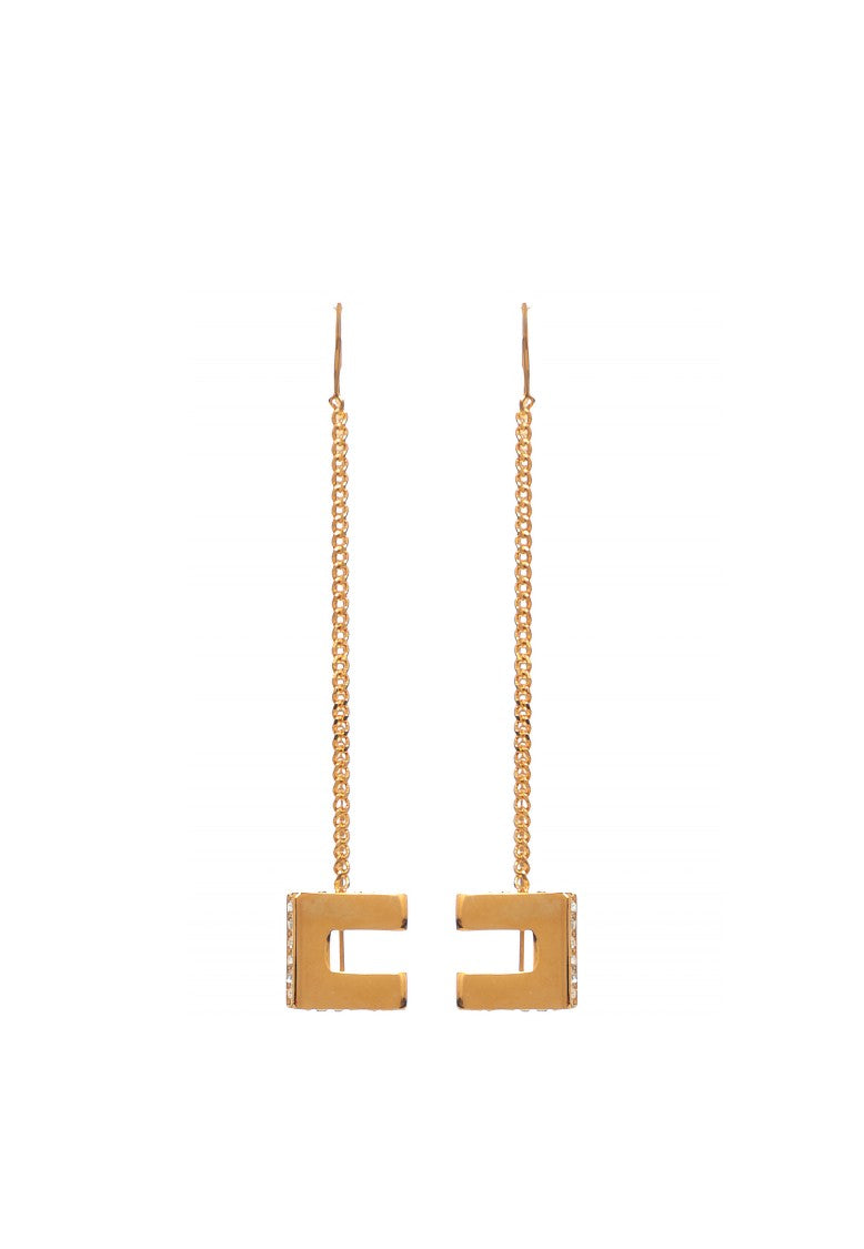 Elisabetta Franchi Gold Threader Earrings With Geometric Pendant And Glittering Detail