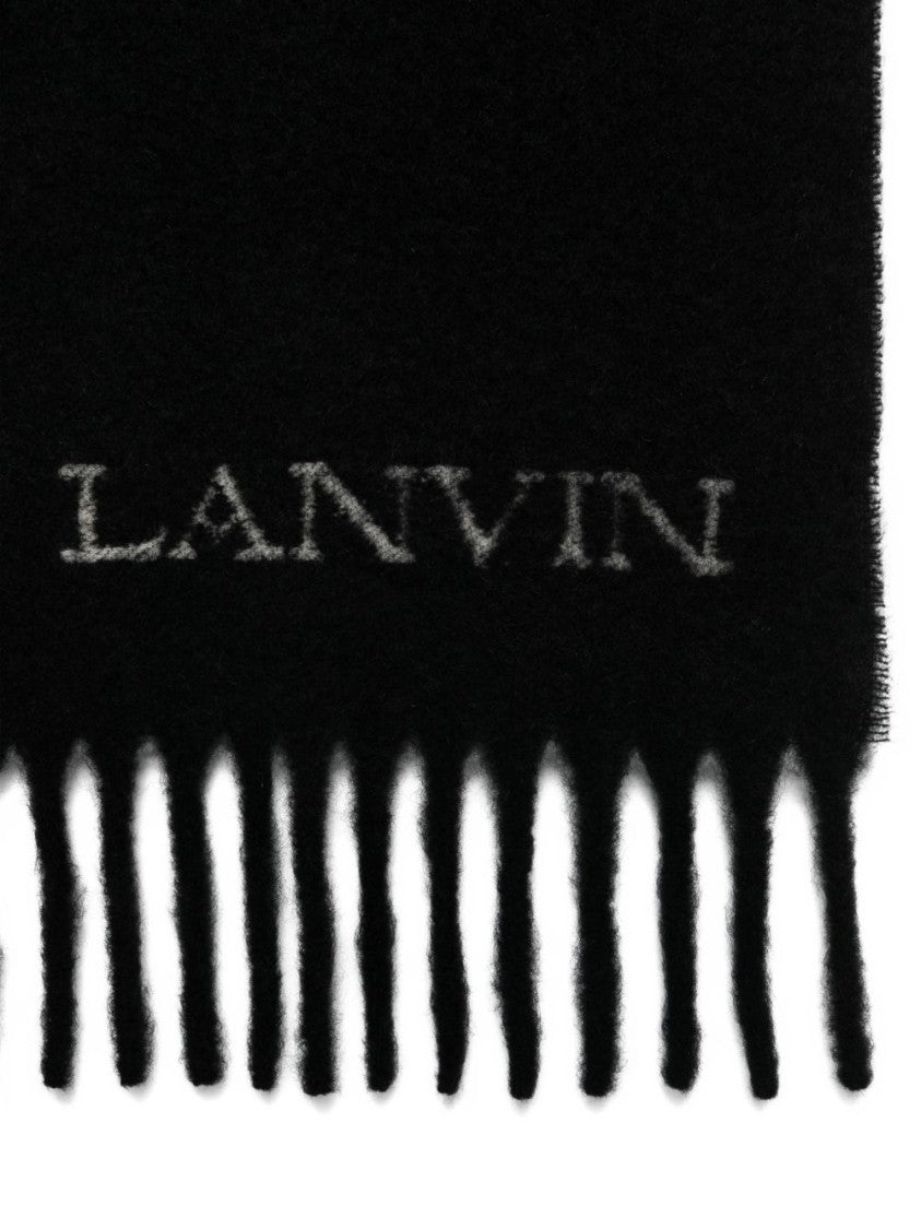 Lanvin Fringed Black Scarf With Embroidered Logo Detail