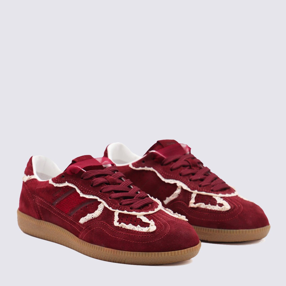Alohas Rich Burgundy Suede Sneakers With Intricate Lace Detailing