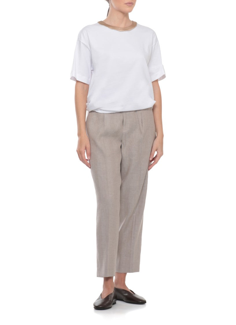 Peserico White Cotton-Blend Silk-Trim T-Shirt
