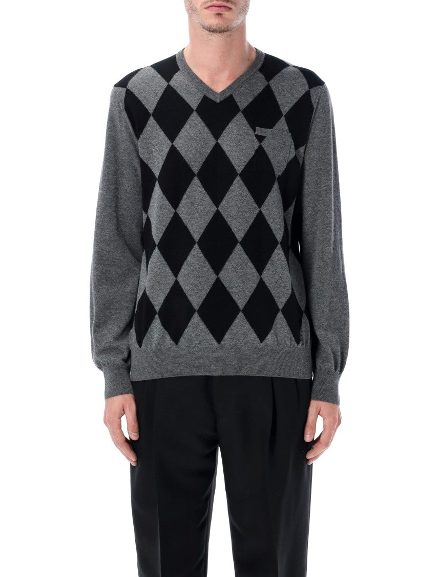 Ferragamo Grey Virgin Wool Argyle V-Neck Sweater