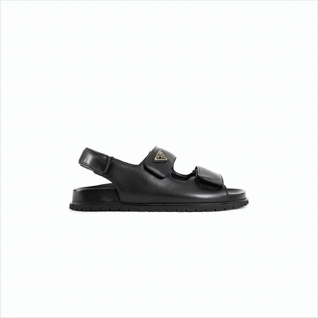 Prada Black Leather Sandals With Adjustable Straps And Metal Logo