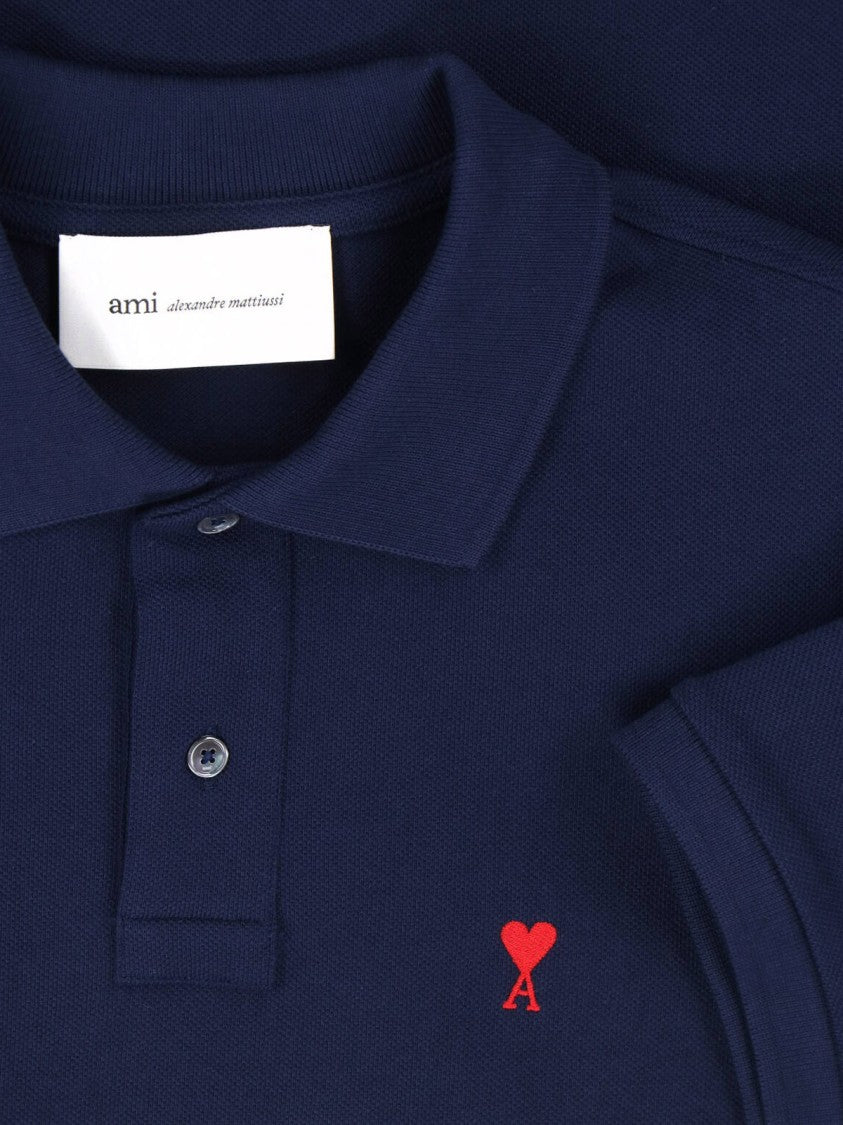Ami Paris Navy Organic Cotton Polo With Classic Collar