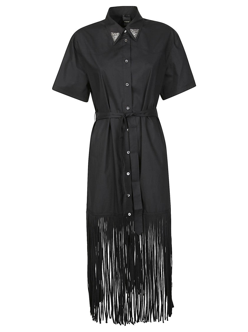Pinko Avigliano Belted Fringed Cotton Shirt Dress