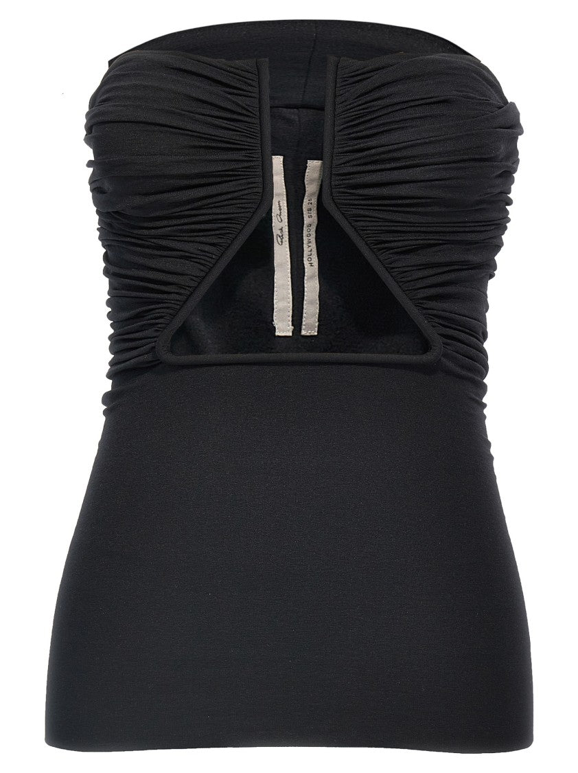Rick Owens Off-The-Shoulder Black Prong Bustier Top With Draping