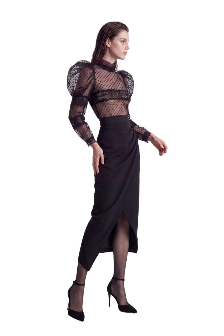 Saiid Kobeisy Polka Dot Tulle Blouse With Floral Lace Detailing