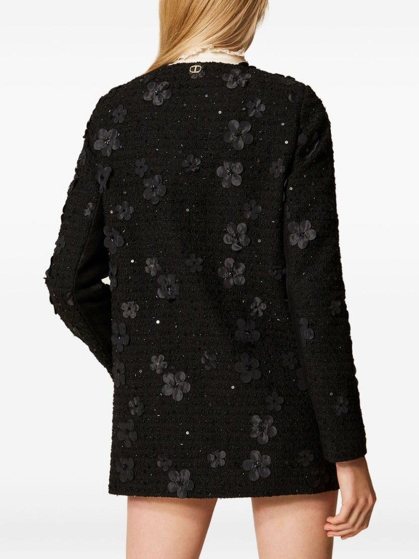 Twin-Set Textured Black Coat With Floral Appliqués