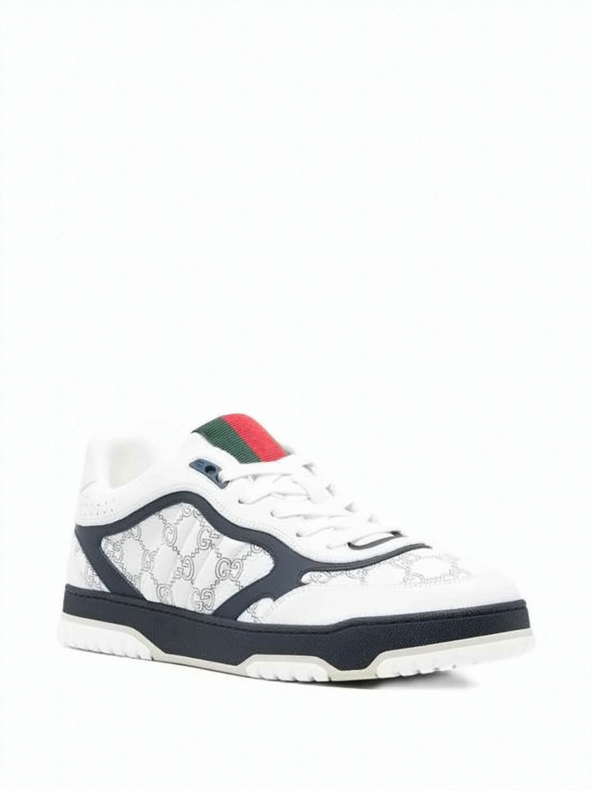 Gucci Low-Profile White Leather Sneakers With Navy Overlays And Monogram Side Panel