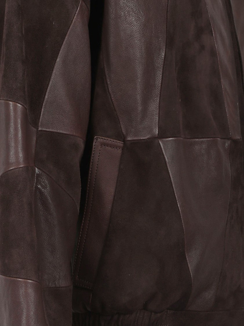 Versace Patchwork Leather Coat With Classic Collar And Zipper Closure