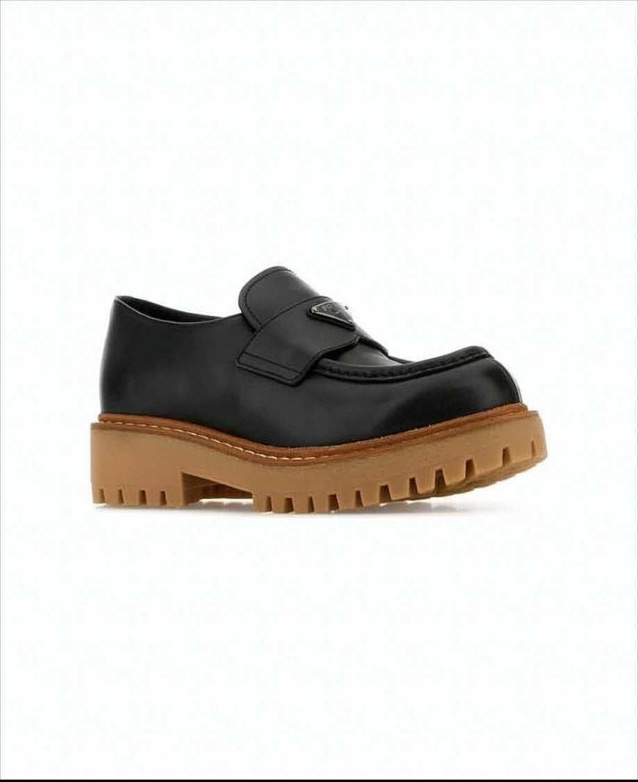 Prada Rounded Toe Calf Leather Loafers With Chunky Sole