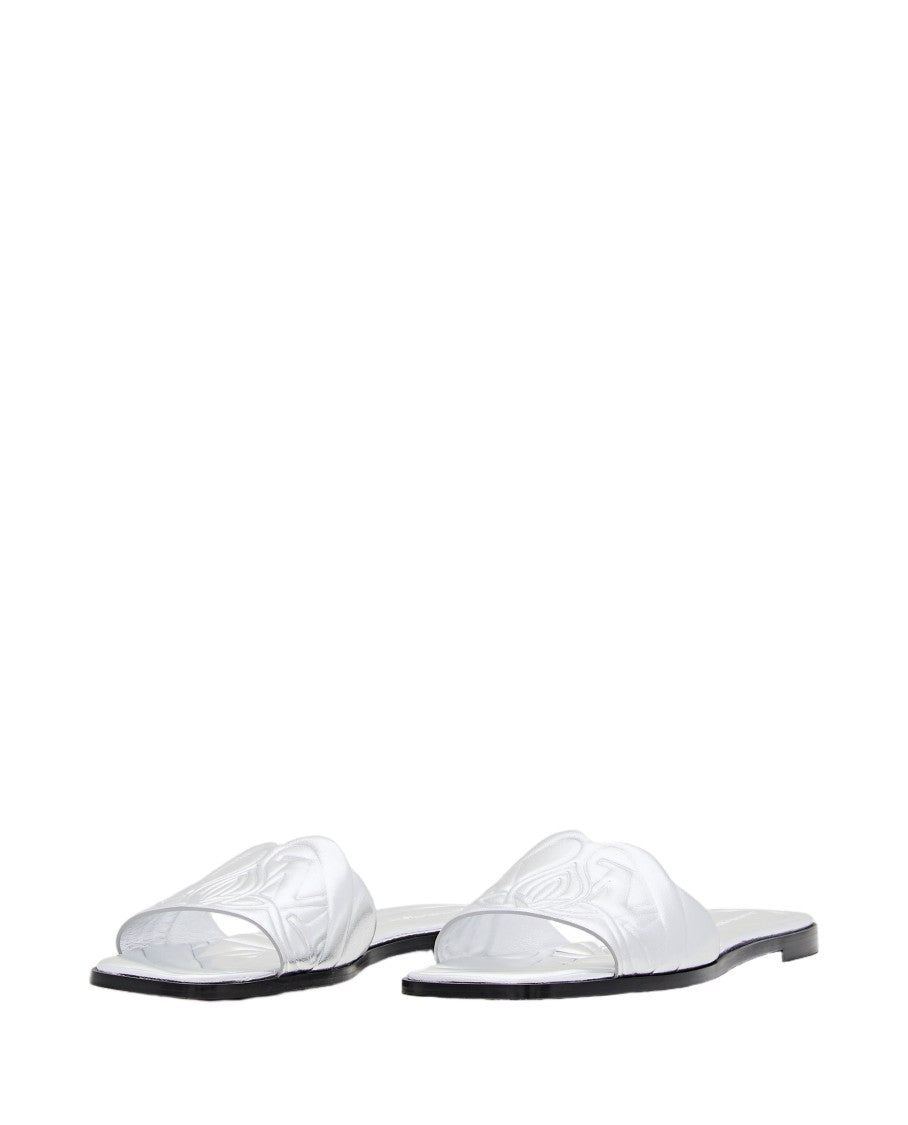 Alexander Mcqueen Metallic Silver Flat Slide Sandal With Embossed Strap