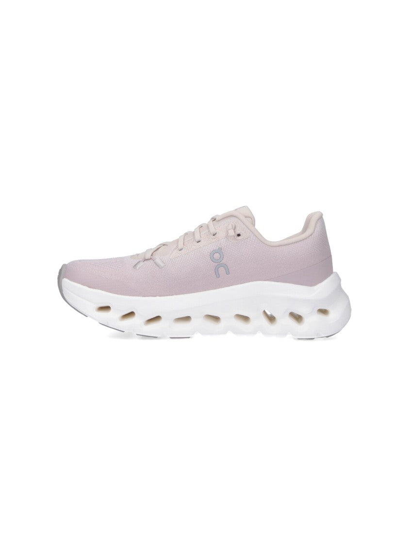 On Soft Pink Fabric Sneakers With Contrasting Embroidered Logos