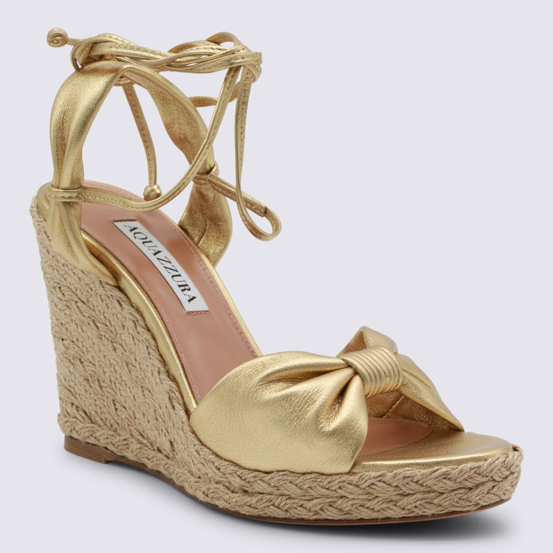 Aquazzura Metallic Gold Wedge Sandals With Braided Jute Platform