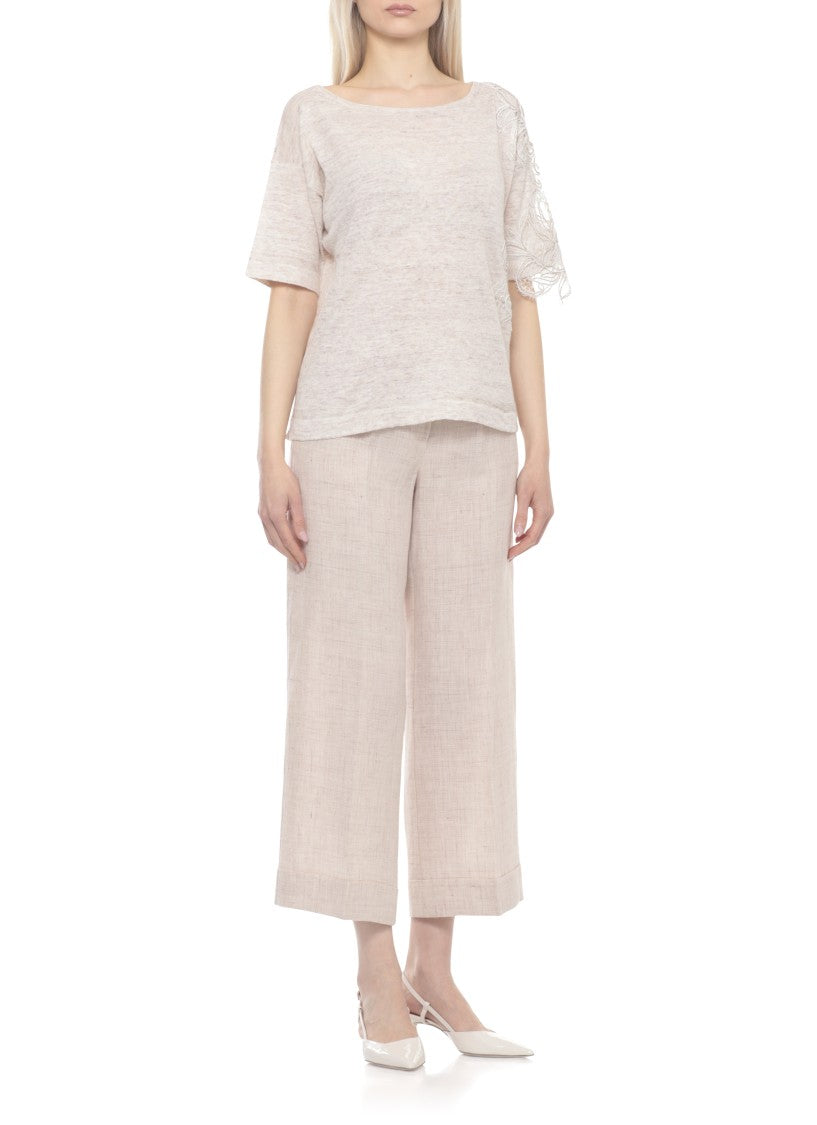 D. Exterior Beige Lace Linen-Blend Round-Neck Top