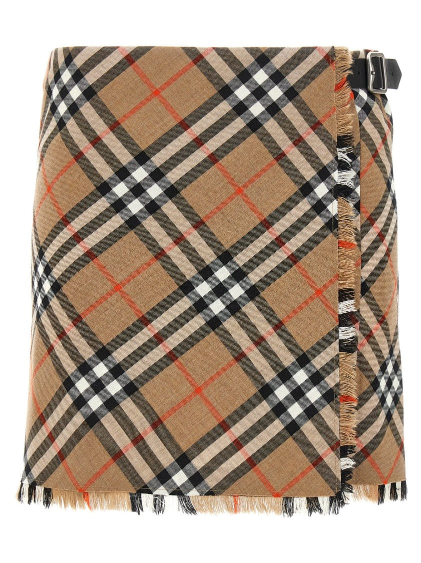 Burberry Mini Kilt Skirt With Check And Fringed Hem