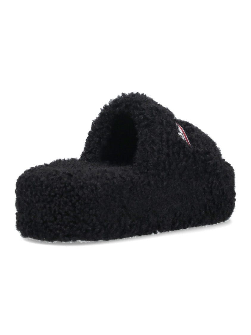 Balenciaga Black Furry Fabric Slides Sandals