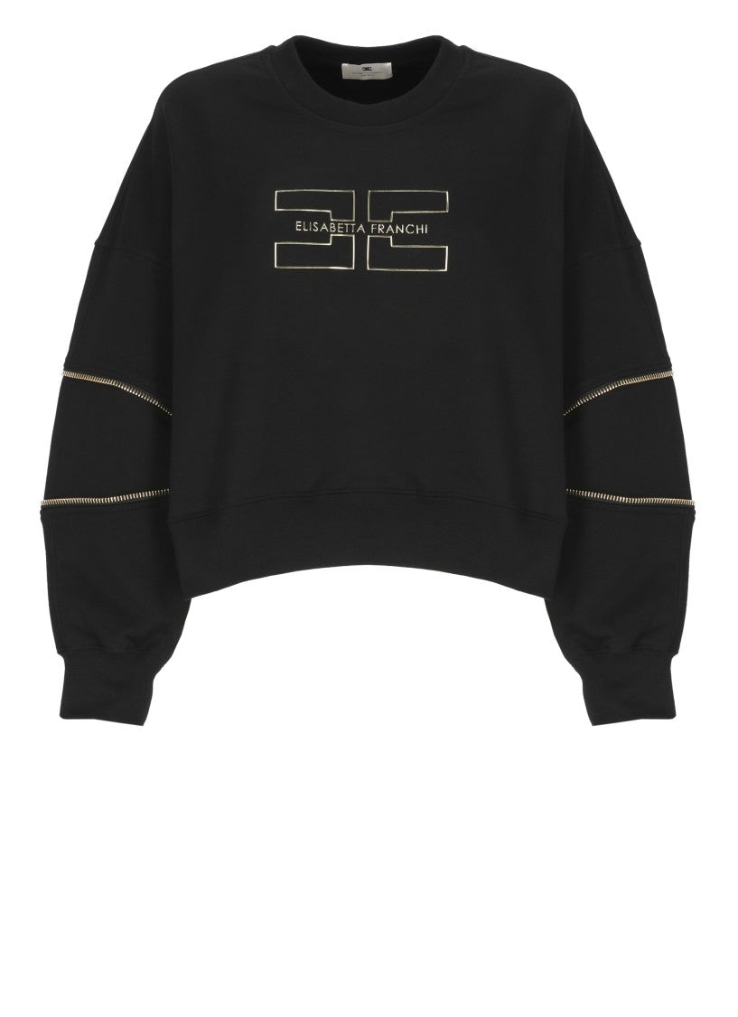 Elisabetta Franchi Black Cropped Embossed Gold Logo Cotton Sweatshirt