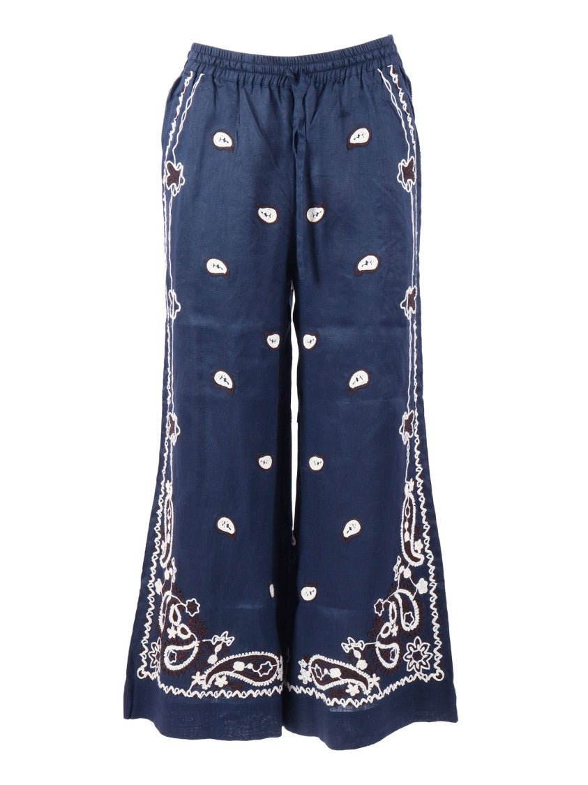P.A.R.O.S.H. Wide Leg Embroidered Linen Straight-Leg Pants