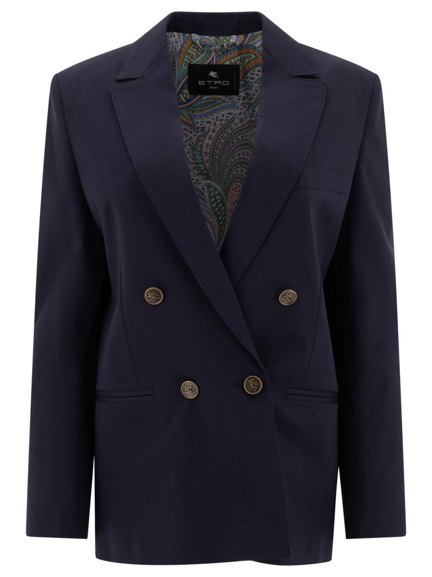 Etro Double-Breasted Cotton-Elastane Jacket With Paisley Lining